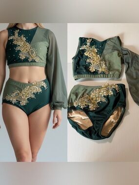 Reverence custom solo dance costume 2 piece green rhinestoned YM MC-Medium child